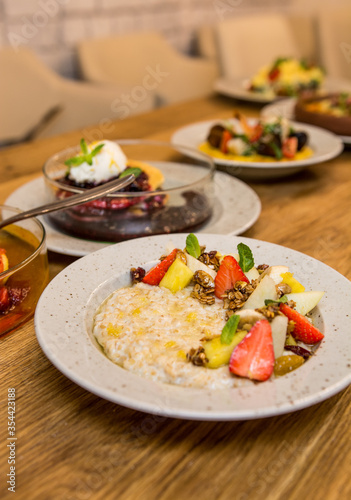 breakfast in a restaurant on a wooden table