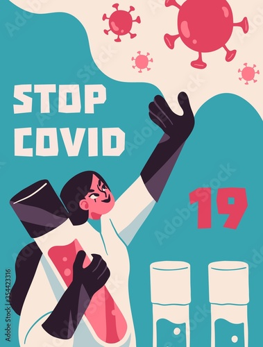 Fight with Coronavirus concept. Illustration of a doctor fighting with covid-19 corona virus. Disease campaign poster