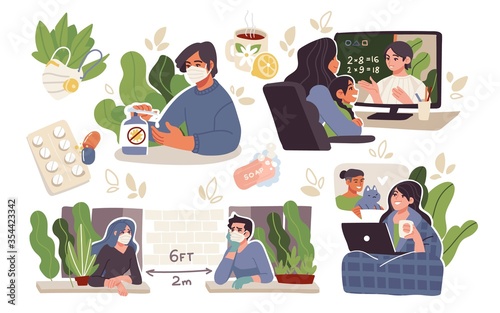 Social distancing, self quarantine and isolation concept. Working at home, relaxing, comunicating and studying during quarantine lockdown