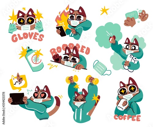 Cat in medical face mask fighting coronavirus. Self quarantine and isolation concept stickers. Vector