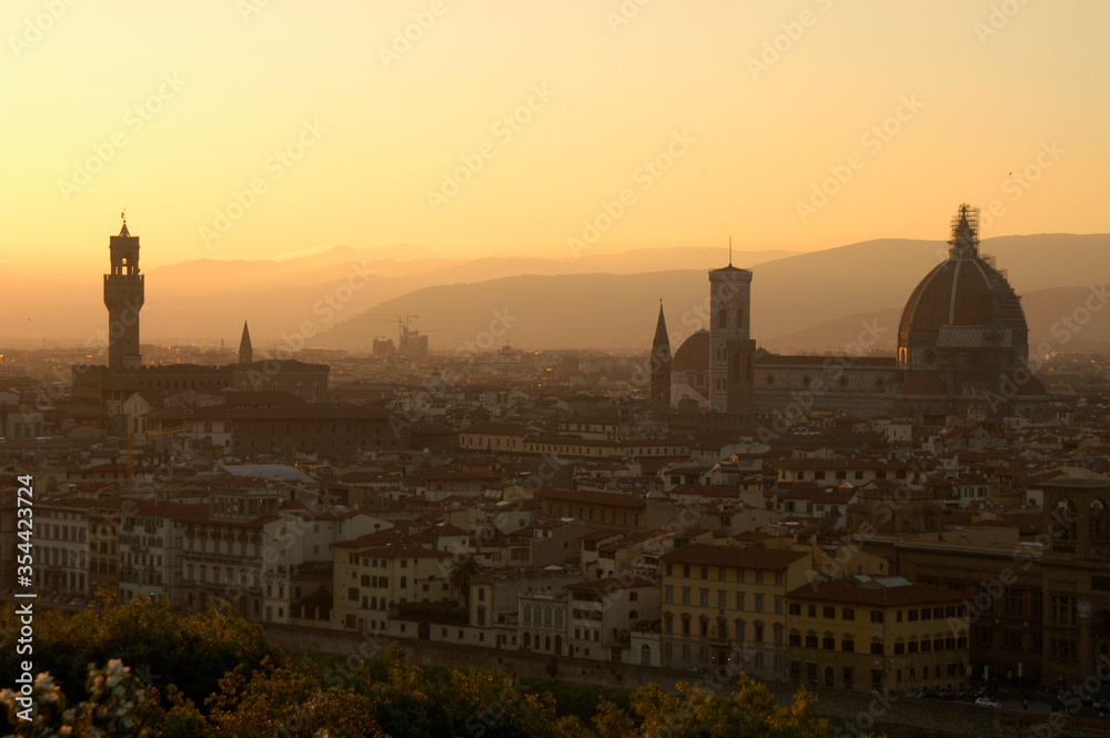 The bird eyes view of the sunset over Florence, Tuscany of Italy.