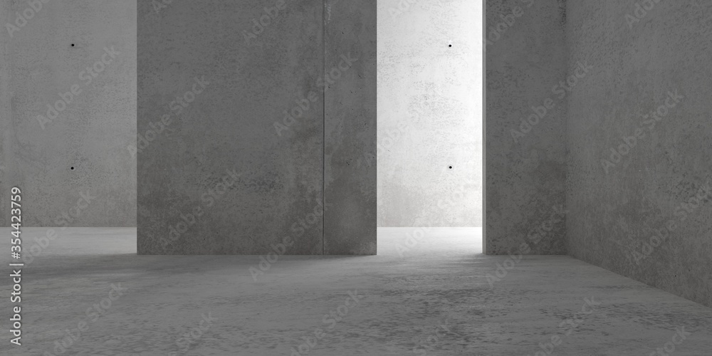 Abstract empty, modern concrete walls room with indirect lit double backwall from behind and rough floor - industrial interior or gallery background template Abstract empty, modern concrete walls room with indirect lit double backwall from behind and rough floor - industrial interior or gallery background template