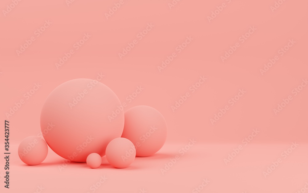 Fototapeta premium Group of pink geometric ball sphere primitives on pink background with copy space, modern minimal concept template