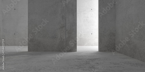 Abstract empty, modern concrete walls room with indirect lit double backwall from behind and rough floor - industrial interior or gallery background template