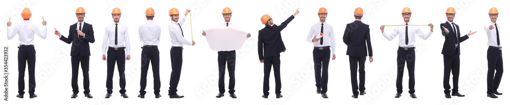 panoramic photo collage of confident architect isolated on white panoramic photo collage of confident architect isolated on white