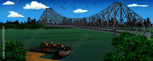 illustration of the British-era Howrah Bridge across Hooghly River. Heritage colonial architecture and famous historical landmarks.