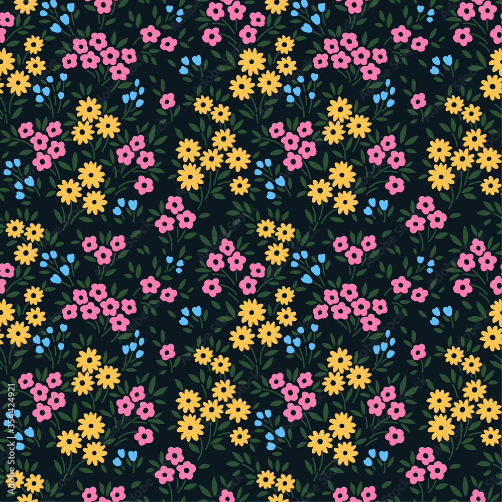 Cute floral pattern in the small flower. Ditsy print. Seamless vector texture. Elegant template for fashion prints. Printing with small pink and yellow flowers. Dark blue background.