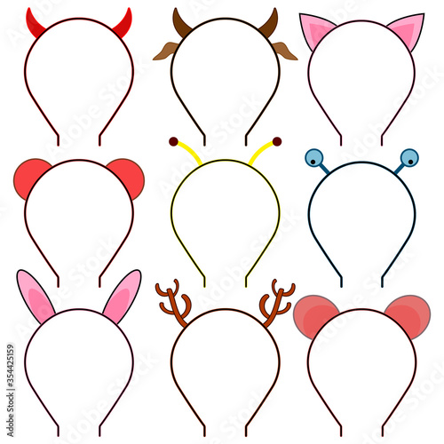Set of Headbands, headdresses, hearbands with ears and horns animals and other characters. Set of icons horns devil, cow, deer, bee. Ears of cat, mouse, bear, hare, rabbit. Colored vectors.