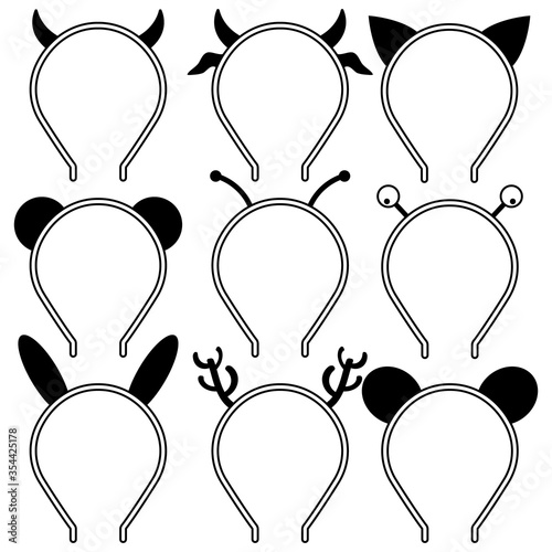 Set of headbands, headdresses, hearbands with ears and horns animals and other characters. Set of icons horns devil, cow, deer, bee. Ears of cat, mouse, bear, hare, rabbit. Vector silhouettes.