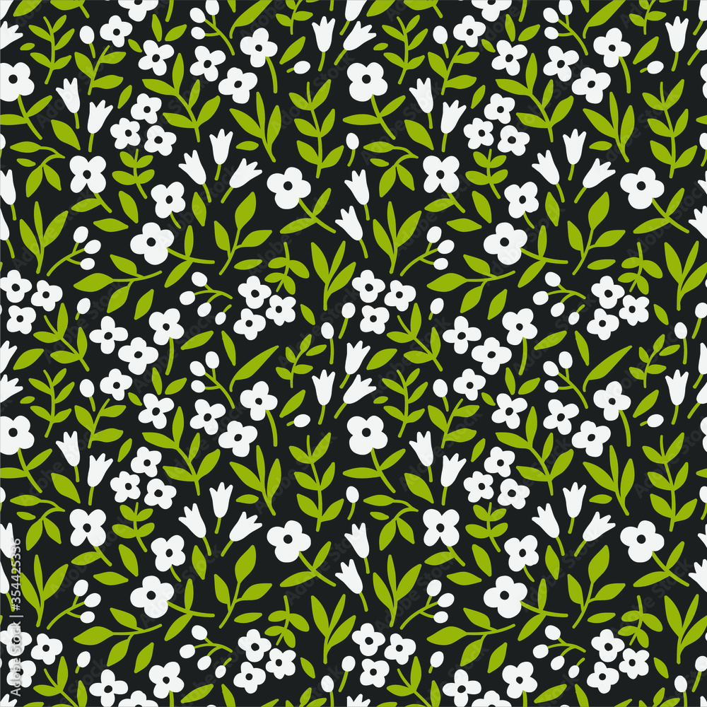 Simple cute pattern in small white flowers on dark green background. Liberty style. Ditsy print. Floral seamless background. The elegant the template for fashion prints. Simple cute pattern in small white flowers on dark green background. Liberty style. Ditsy print. Floral seamless background. The elegant the template for fashion prints.