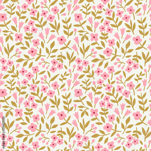 Floral pattern. Pretty flowers on white background. Printing with small pink flowers. Ditsy print. Seamless vector texture. Spring bouquet.