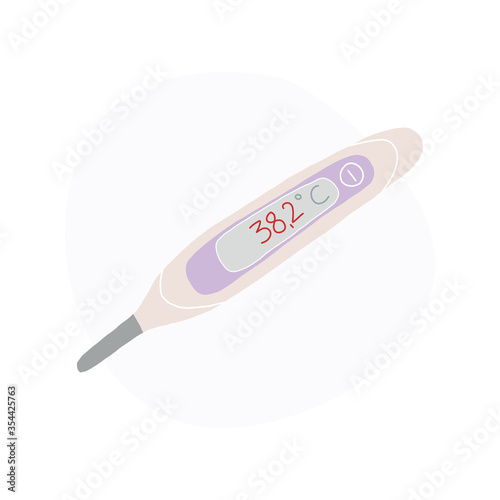 Electronic thermometer with high fever on screen, 38.2 . Hand drawn vector illustration.