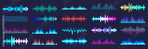 Colored sound waves collection. Analog and digital audio signal. Music equalizer. Interference voice recording. High frequency radio wave. Vector illustration. photo