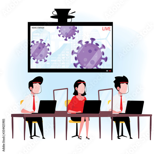 An employees are working on computer in office by following social distancing practice during corona virus or covid19 and they are wearing face shield