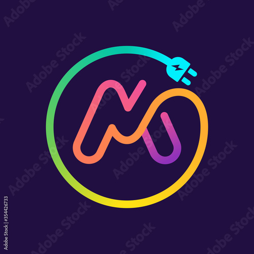 M letter logo in a circle with plug adapter cable.