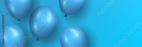 Blue horizontal festive background decorated with balloons and copy space.