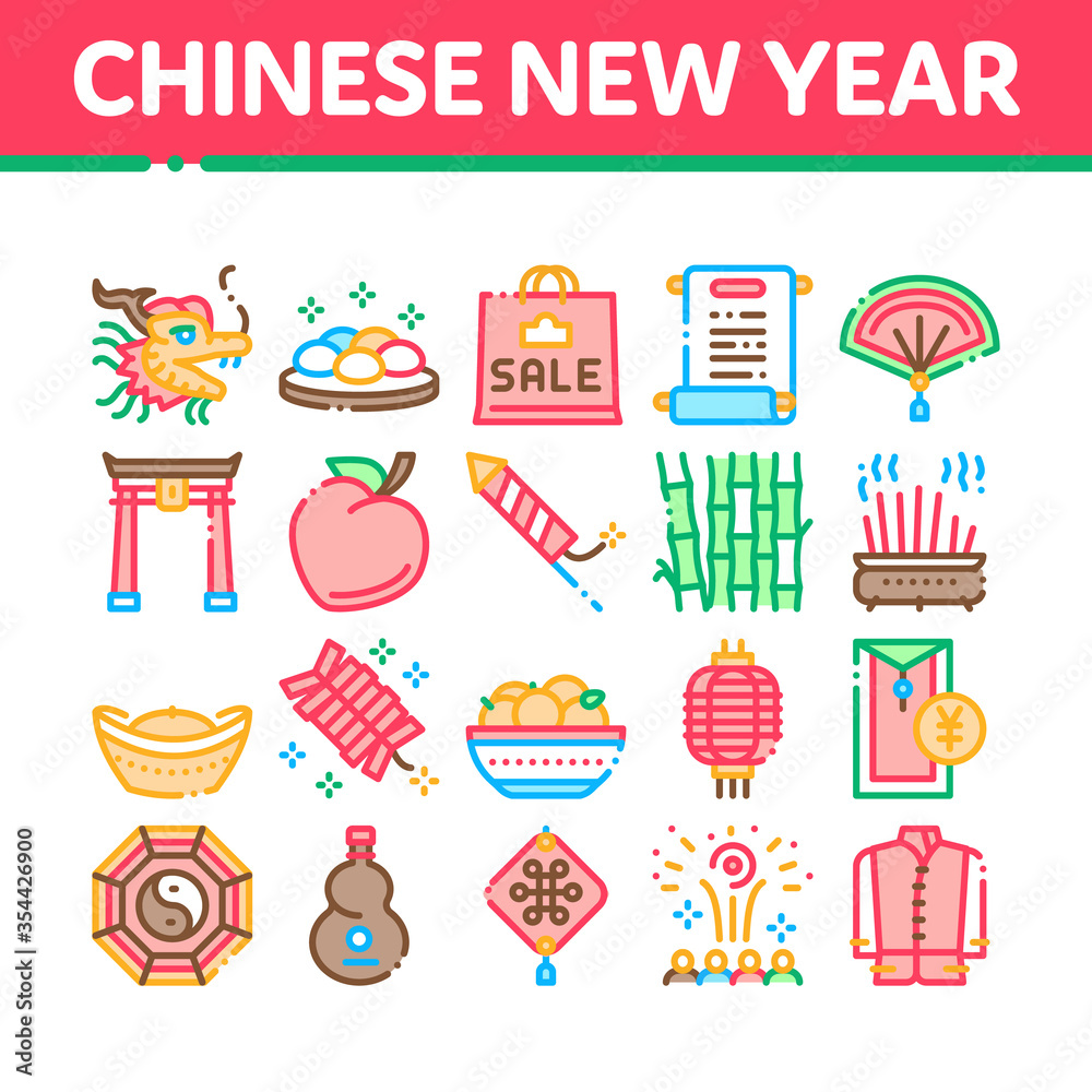 Chinese New Year Feast Collection Icons Set Vector. Chinese Traditional Hat And Clothes, Dragon And Gate, Lantern And Fireworks Concept Linear Pictograms. Color Illustrations Chinese New Year Feast Collection Icons Set Vector. Chinese Traditional Hat And Clothes, Dragon And Gate, Lantern And Fireworks Concept Linear Pictograms. Color Illustrations