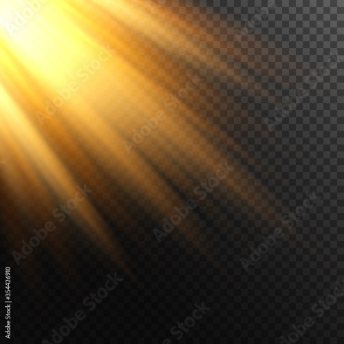 Rays of light on transparent background. Sun rays. 
Sunny weather.  Warm orange flare effect. 
