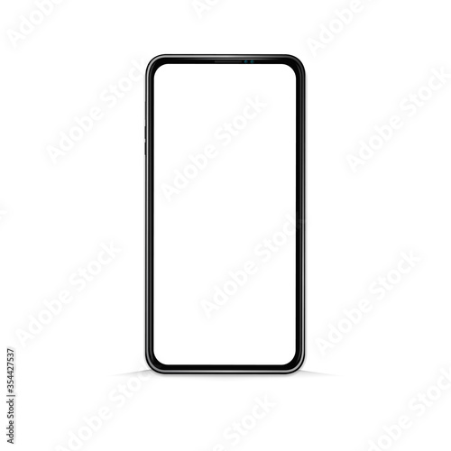 Simple mobile phone or smart phone design with black frame and blank white screen isolated on white, vector illustration