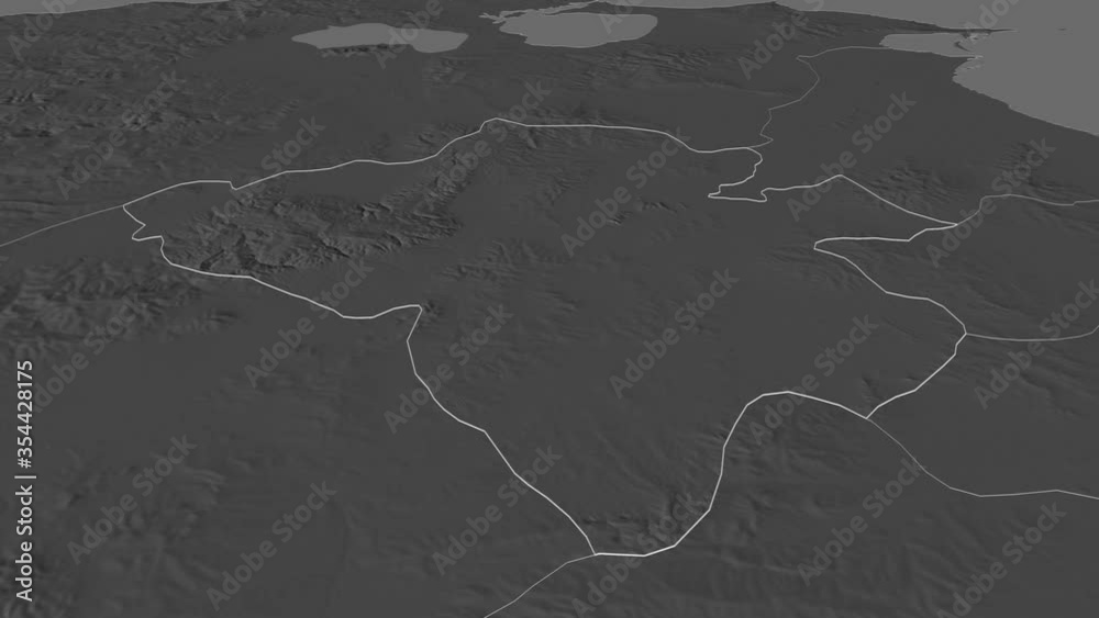 Manubah, governorate with its capital, zoomed and extruded on the bilevel map of Tunisia in the conformal Stereographic projection. Animation 3D