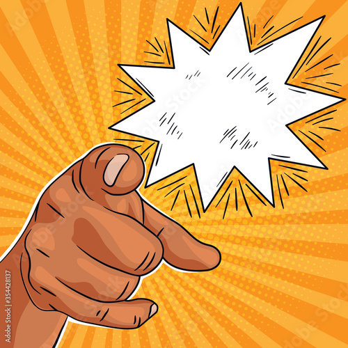 Pop art retro banner with black man hand pointing on you with speech bubble for text, comics style vector dotted african american mans hand pointing finger