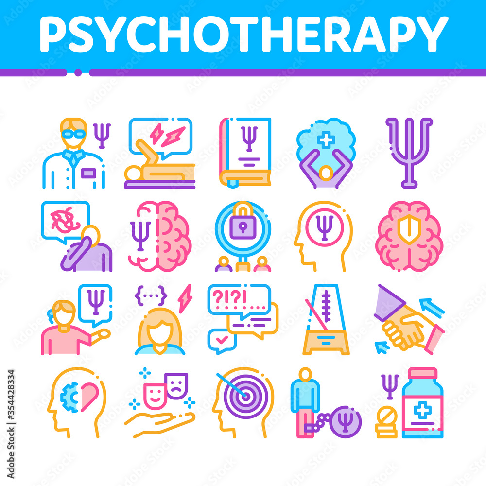 Psychotherapy Help Collection Icons Set Vector. Handshake And Brain, Psychotherapist And Patient, Psychotherapy Treatment Concept Linear Pictograms. Color Illustrations