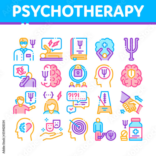 Psychotherapy Help Collection Icons Set Vector. Handshake And Brain, Psychotherapist And Patient, Psychotherapy Treatment Concept Linear Pictograms. Color Illustrations