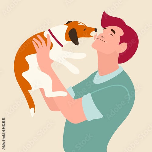 Man with the dog. Vector illustration in a flat style. Funny four-legged best friend licks man's face.