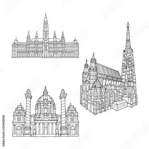 Vienna sightseeing illustration. Outline drawing, coloring book page. Rathaus. City hall. Stephansdom, St. Stephen's cathedral. Karlskirche, Charle's church.