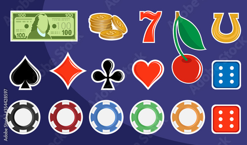 Slot machine design elements. Signs for slot machines. Casino chips, croupier, craps dice, and playing cards. Online casino. Slot machine mobile app icon. Playing Cards wins the jackpot.