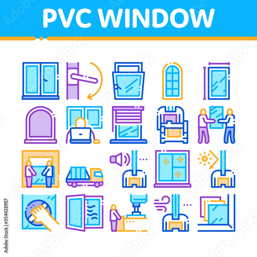Pvc Window Frames Collection Icons Set Vector. Pvc Window Architectural Glass Building Detail And Handle, Carrying Truck And Jalousie Concept Linear Pictograms. Color Illustrations
