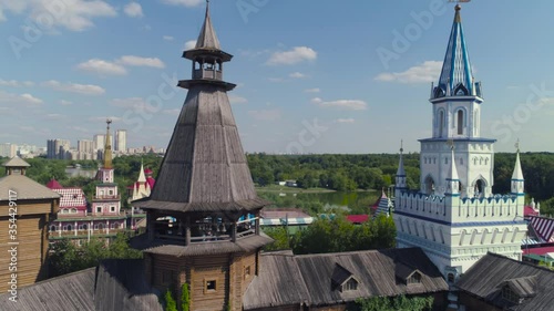 Church of St. Nicholas in Izmailovsky Kremlin (Kremlin in Izmailovo), Moscow, Russia. The new church, built in the traditions of Russian wooden architecture. Aerial photo