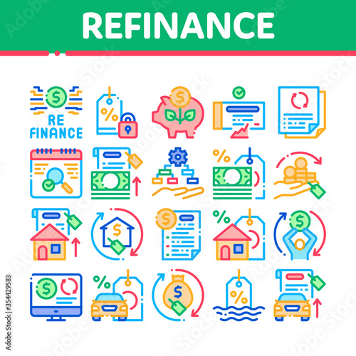 Refinance Financial Collection Icons Set Vector. Mortgage And Credit Car, Debt Obligation And Property, Money Cash And Percent Refinance Concept Linear Pictograms. Color Illustrations