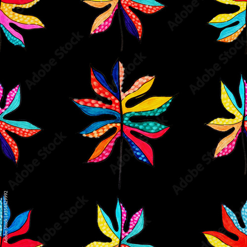 Modern abstract seamless pattern with creative colorful tropical leaves for d...