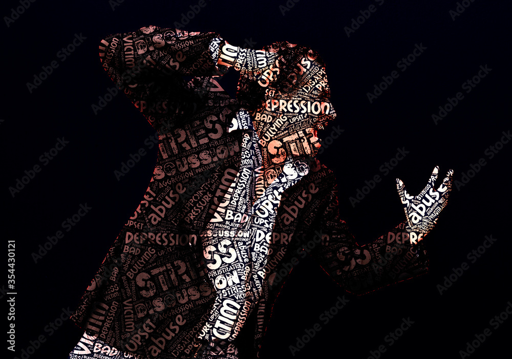 silhouette of man full of words, concept of man expressing anger, anger, frustration, stress, scream, courage, hatred, helplessness