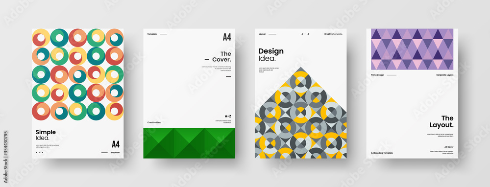 Company identity brochure template collection. Business presentation vector A4 vertical orientation front page mock up set. Corporate report cover abstract geometric illustration design layout bundle. Company identity brochure template collection. Business presentation vector A4 vertical orientation front page mock up set. Corporate report cover abstract geometric illustration design layout bundle.