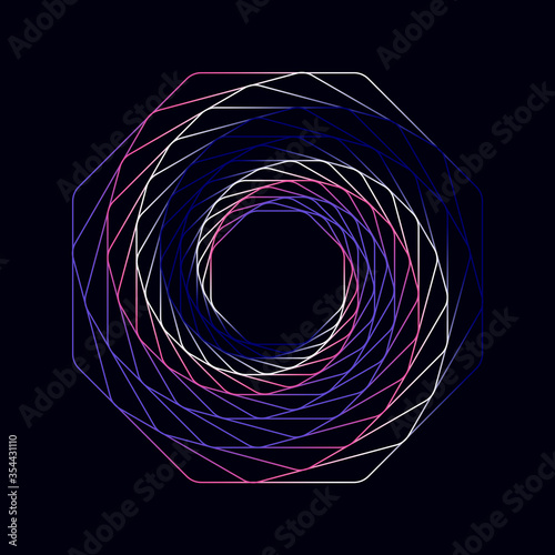 Swirling symbol. Optical illusion. Twisted octahedron. 3D wireframe abstract tunnel. Vector illustration.