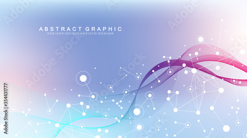 Big Genomic Data Visualization. DNA helix, DNA strand, DNA Test. CRISPR CAS9 - Genetic engineering. Molecule or atom, neurons. Abstract structure for Science or medical background, banner. Wave flow.