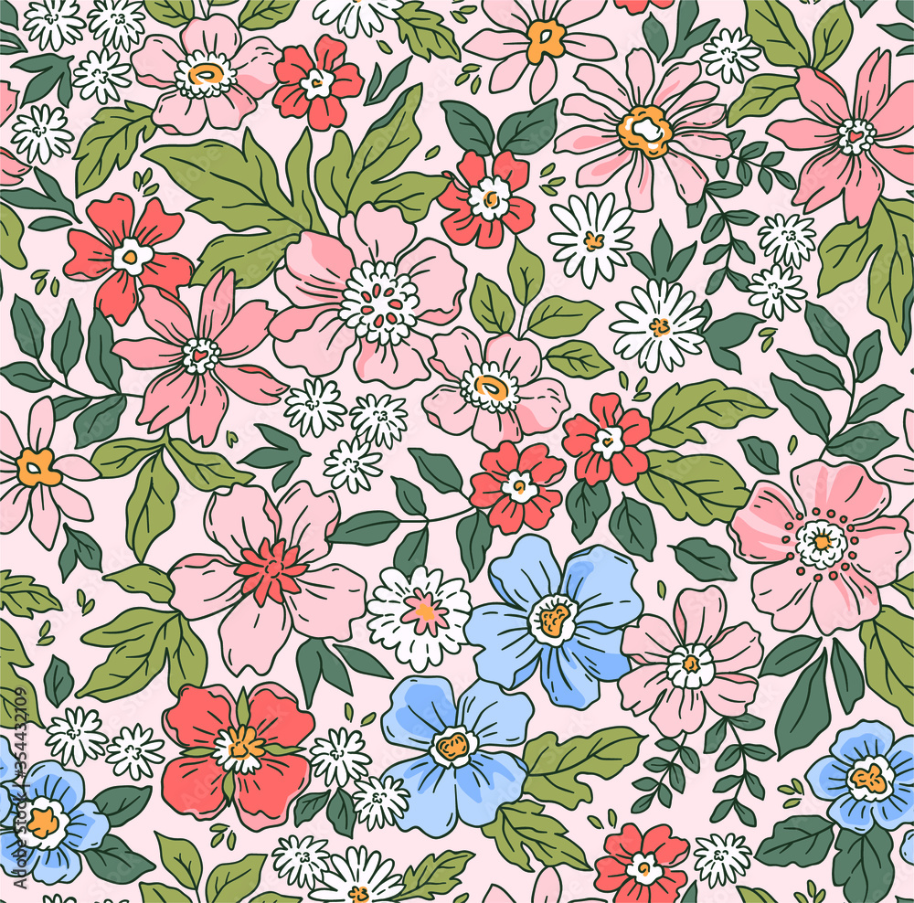 Elegant floral pattern in small hand draw flowers. Liberty style. Floral seamless background for fashion prints. Vintage print. Seamless vector texture. Spring bouquet.