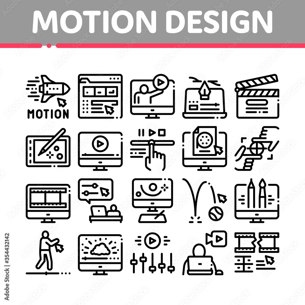 Motion Design Studio Collection Icons Set Vector. Movie Motion Redactor Programme On Computer Screen And Video Player, Filmstrip And Clipboard Linear Pictograms. Monochrome Contour Illustrations Motion Design Studio Collection Icons Set Vector. Movie Motion Redactor Programme On Computer Screen And Video Player, Filmstrip And Clipboard Linear Pictograms. Monochrome Contour Illustrations