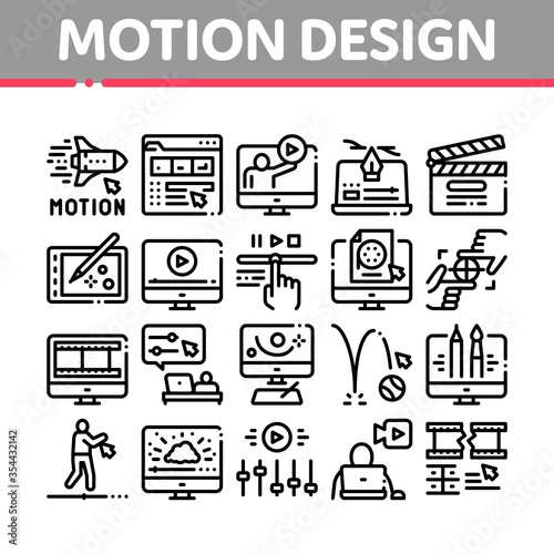 Motion Design Studio Collection Icons Set Vector. Movie Motion Redactor Programme On Computer Screen And Video Player, Filmstrip And Clipboard Linear Pictograms. Monochrome Contour Illustrations
