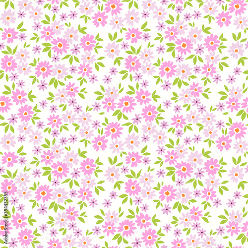 Floral pattern. Pretty flowers on white background. Printing with small pink flowers. Ditsy print. Seamless vector texture. Spring bouquet.