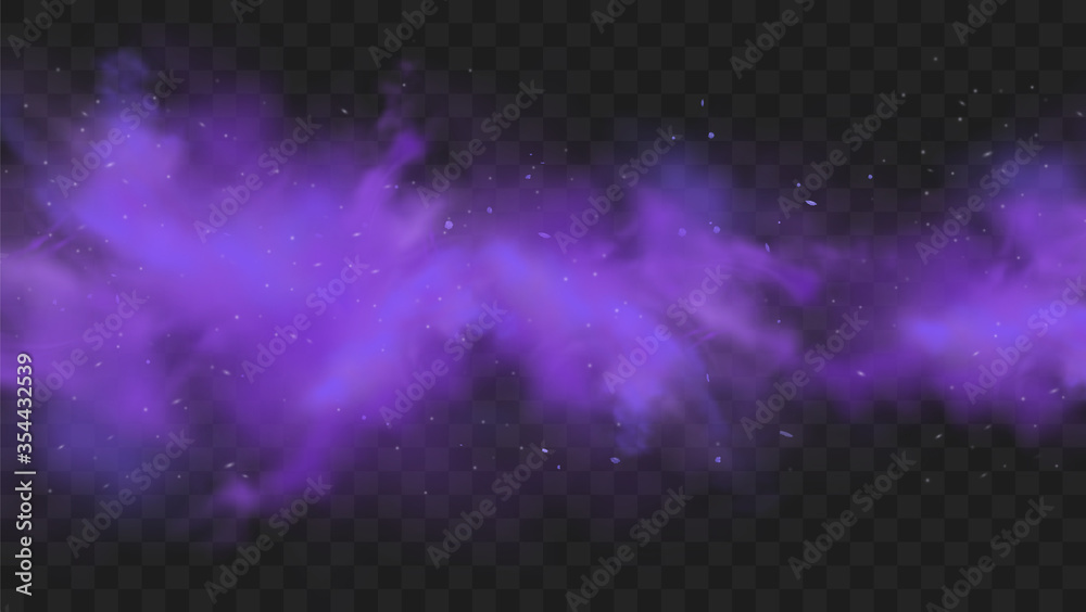 Purple smoke isolated on transparent dark background. Abstract purple powder explosion with particles and glitter. Smoke hookah, poison gas, violet dust, fog effect. Realistic vector illustration