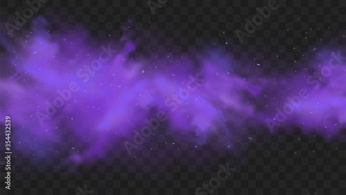 Purple smoke isolated on transparent dark background. Abstract purple powder explosion with particles and glitter. Smoke hookah  poison gas  violet dust  fog effect. Realistic vector illustration