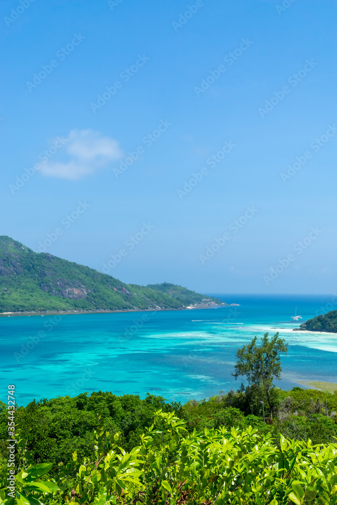 beautiful view of tropical islands, cerf island, Seychelles. Summer vacation and travel concept.
