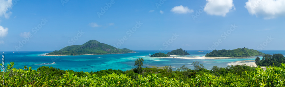 Beautiful tropical seascape with islands in turquoise sea water and blue sky. Tropical background scenic. panoramic format
