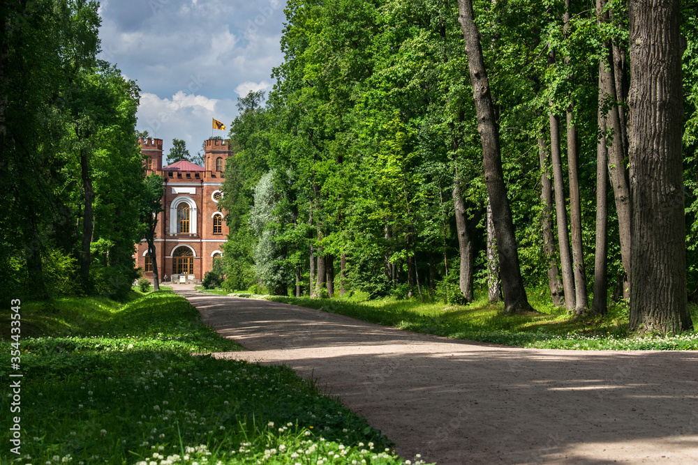 St. Petersburg, Russia, summer 2019: Road to the Arsenal pavilion in Alexander Park in Tsarskoye Selo