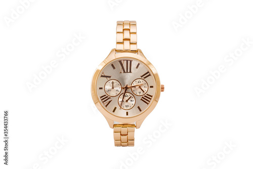 Gold colored elegant chronograph wristwatch with metal oyster style bracelet, yellow dial face and roman numerals isolated on white background.