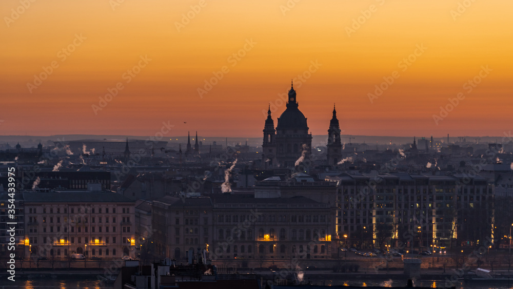 Budapest skyline of St. Stephen's Basilica before sunrise in winter
