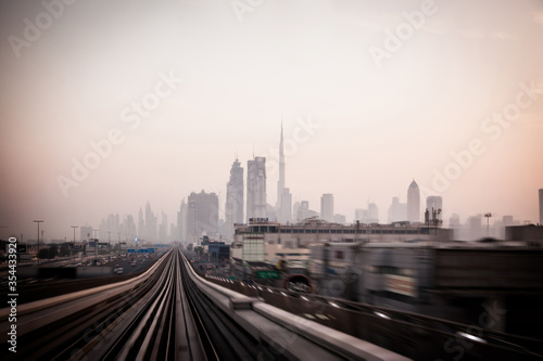 DUBAI - OCTOBER 17.2018  Burj Khalifa in the moring. Sunrise on Sheikh Zayed road  view from train. Editorial photo.